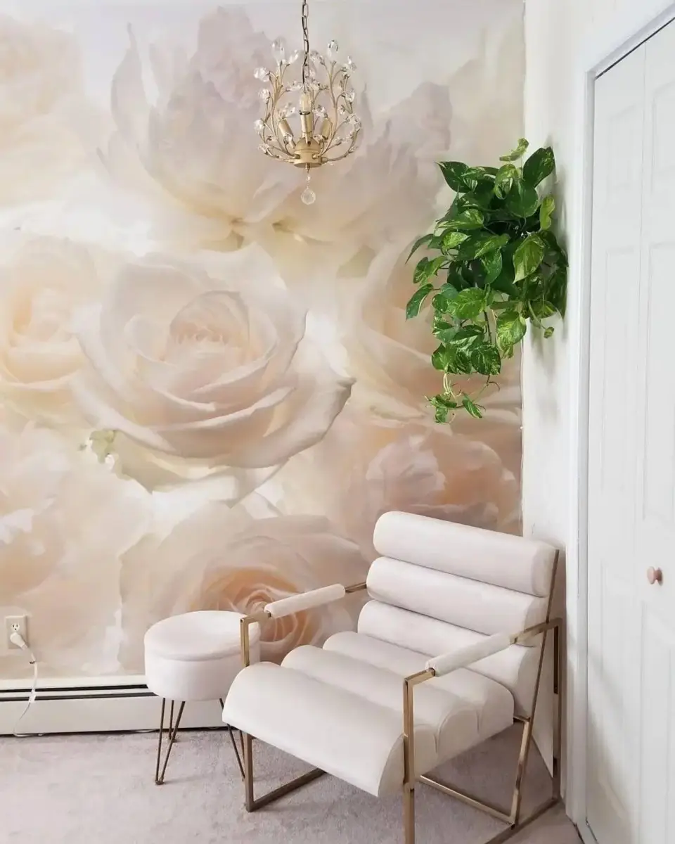 Serene reading nook with rose mural and crystal chandelier — designed by Renata Glaz